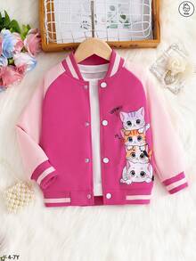 Little Girl Fun Heart Cat Pattern Cartoon Print Jacket, Button Front Design, Comfortable Fabric, Children's Casual Outdoor Everyday Jacket - Hot Pink - View 1