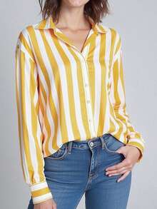 Top Elegante Feminina JOVI SHEEN, Estilo Básico de Escritório Feminino, Camisa de Manga Longa com Listras, Laço Pontudo e Botões, Top Amarela Feminina, Camisa, Uso Diário de Escritório no Outono, Adequada para as Quatro Estações