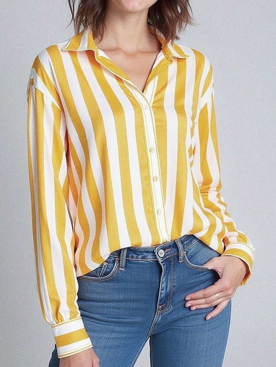 Top Elegante Feminina JOVI SHEEN, Estilo Básico de Escritório Feminino, Camisa de Manga Longa com Listras, Laço Pontudo e Botões, Top Amarela Feminina, Camisa, Uso Diário de Escritório no Outono, Adequada para as Quatro Estações