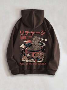 Men's Printed Letters Vintage Ramen Printing Graphic Side Pockets Hoodie, Emo Style, 2000s Style, For Fall - 黑色 - 查看 6