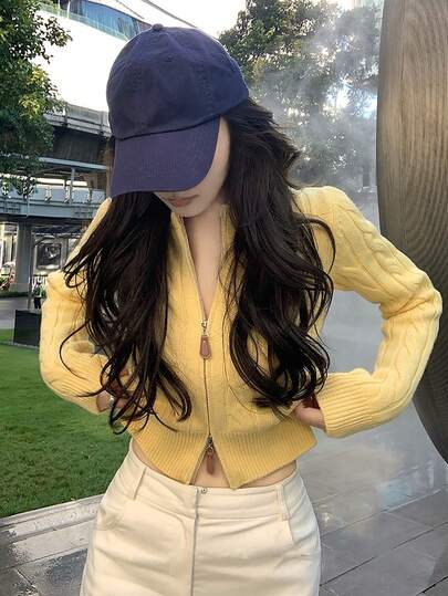 เสื้อคาร์ดิแกนถักสไตล์เกาหลี ย้อนยุค ซิปคู่ ผ้าถัก