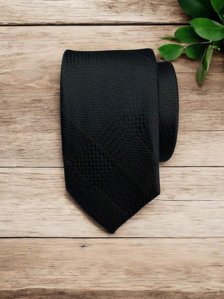 Luxury Men's Skinny Tie Polyester Silk Solid Color Polka Dots Slim Jacquard Groomsmen Tie - 黑色 - 查看 1