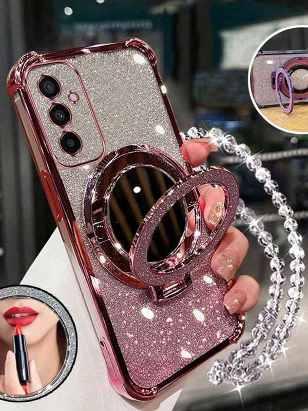 New Phone Case Compatible With IPhone 16, 4-Corner Anti-Drop + Glitter Pink Pearl Lanyard + Glitter Pink Round Makeup Mirror + Magnetic Stand, Suitable For Galaxy IPhone 16 Pro 16Pro Max S25/S25Plus/S25Ultra XM HW RM Oppo Waterproof Shockproof Scratch Resistant