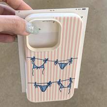 1pc TPU Material Cute Summer Bikini Illustration Pink Striped Pattern Phone Case Compatible With IPhone/ Phones - White - View 4
