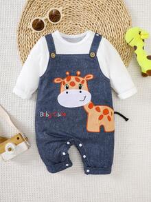 Cartoon Giraffe Embroidered Denim Effect Bib Overalls Long Sleeve Baby Jumpsuit, Spring/Autumn
