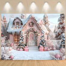 A Winter Wonderland Pink Cottage Backdrop, Perfect For Photography Backgrounds, Party Decorations, Christmas Photo Shoots, And Ideal For Home Garden, Cartoon, And Bedroom Decorations. - Multicolor - View 1