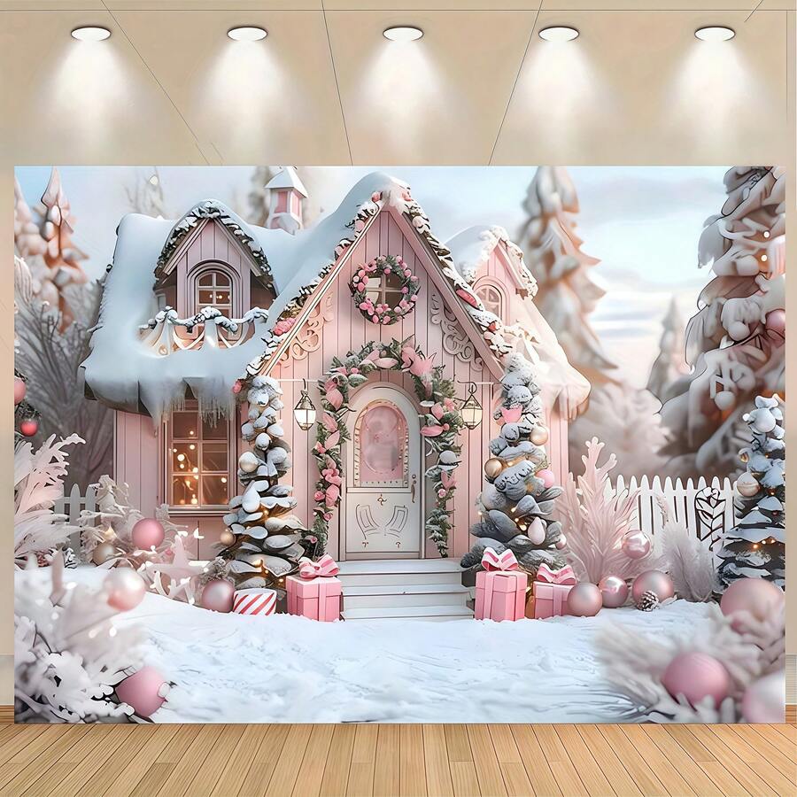 A Winter Wonderland Pink Cottage Backdrop, Perfect For Photography Backgrounds, Party Decorations, Christmas Photo Shoots, And Ideal For Home Garden, Cartoon, And Bedroom Decorations. - Multicolor - View 1