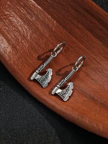 1 Pair Gothic Punk Silver Skull & Viking Axe Pendant Earrings, Suitable For Halloween And Cosplay - Antique Silver - View 2