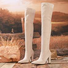 Szpiczaste botki na grubym obcasie dla kobiet, wysokie kozaki za kolano z cholewką, elastyczne, dopasowane, wysokie buty na jesień/zimę