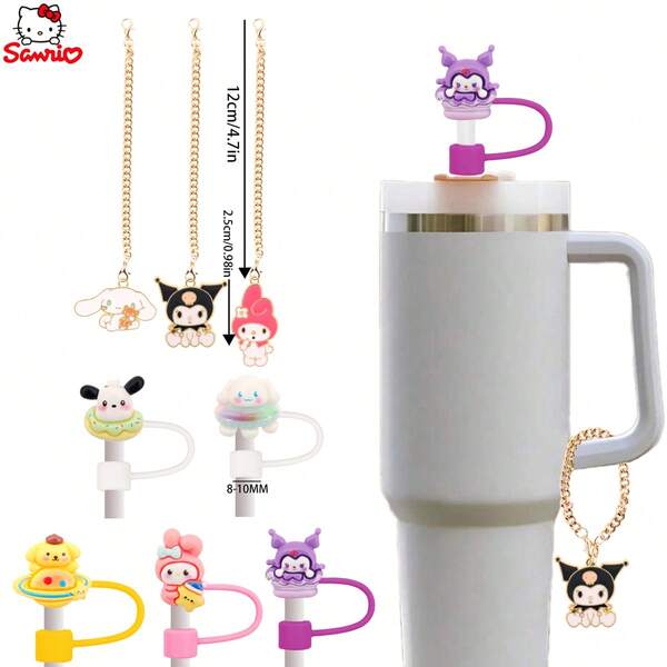 Sanrio Sanrio, 8-częściowy zestaw akcesoriów do kubków, 5 zatyczek przeciwkurzowych, 3 rodzaje łańcuszków do kubków, akcesoria do dekoracji butelek, pasujące do słomek o średnicy 810 mm, prezenty, każdy zestaw 8 sztuk w kompletnym pudełku