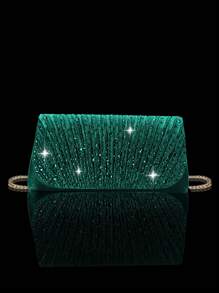 Sparkling Rhinestone Flap Clutch Bag/Party Bag, Elegant Pleated Handbag/Ball Gown Bag, Matching Rhinestone Jewelry Set: Pendant Necklace, Earrings, Bracelet, Suitable For Parties, Galas, Gatherings, Balls, Weddings, New Year And Other Occasions ,Wedding - Dark Green - View 3