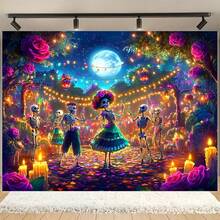 2D Flat 1pc Classic Polyester Day Of The Dead Banner, Floor Standing, Multipurpose, No Electricity Needed, Vibrant Skeleton & Mexican Costume Design, Suitable For Garden Party And All Season Outdoor Decor