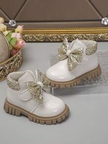 1 Pair Children's Fashion New Smooth PU Material Design Easy To Wear, Bow Decor, Non-Slip Soft Durable Outsole Chelsea Boots, Suitable For Girls To Wear To School, Outdoor, Home, Spring, Summer, Autumn