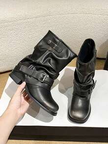 2025 新款西部风格中筒粗跟女靴，褶皱叠层鞋跟，圆头，复古英伦骑士靴，黑色
