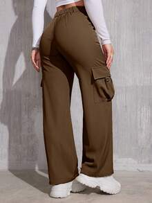 Flap Pocket Solid Color Cargo Pants, Y2K Slant Pocket Button Front Every Day Pants, Women's Clothing - Brown - View 5