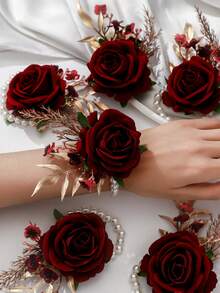 1pc/6pcs Elegant Princess Rose & Baby's Breath Pearl Chain Wrist Corsage Set, Suitable For Bride & Groom Wedding, Banquet, Travel, Graduation, Gift Valentine's Day Accessories - Burgundy - View 1