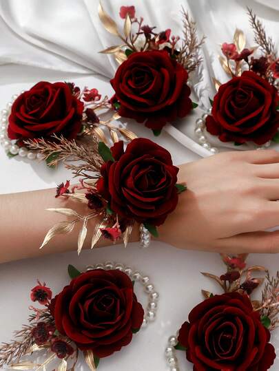 1pc/6pcs Elegant Princess Rose & Baby's Breath Pearl Chain Wrist Corsage Set, Suitable For Bride & Groom Wedding, Banquet, Travel, Graduation, Gift