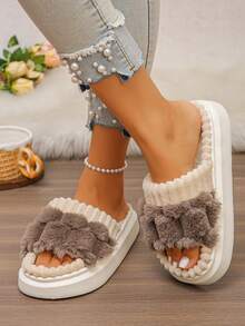 Women's Fluffy Soft Plush Open Toe Thick Bottom Warm Indoor Slippers, Cozy Home Wear, Non-Slip Quiet Floor Slippers, Autumn/Winter