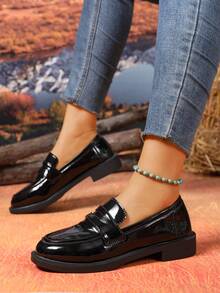 女士乐福鞋平底鞋，2025新款黑色英伦风皮鞋，舒适工作鞋 - 黑色 - 查看 7