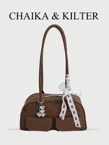 1件 CHAIKA & KILTER 女士纯色PU皮革单肩包，时尚复古多口袋大容量波士顿保龄球包，带拉链封口，适合日常和户外使用（附赠吊坠） - 咖啡 - 查看 2