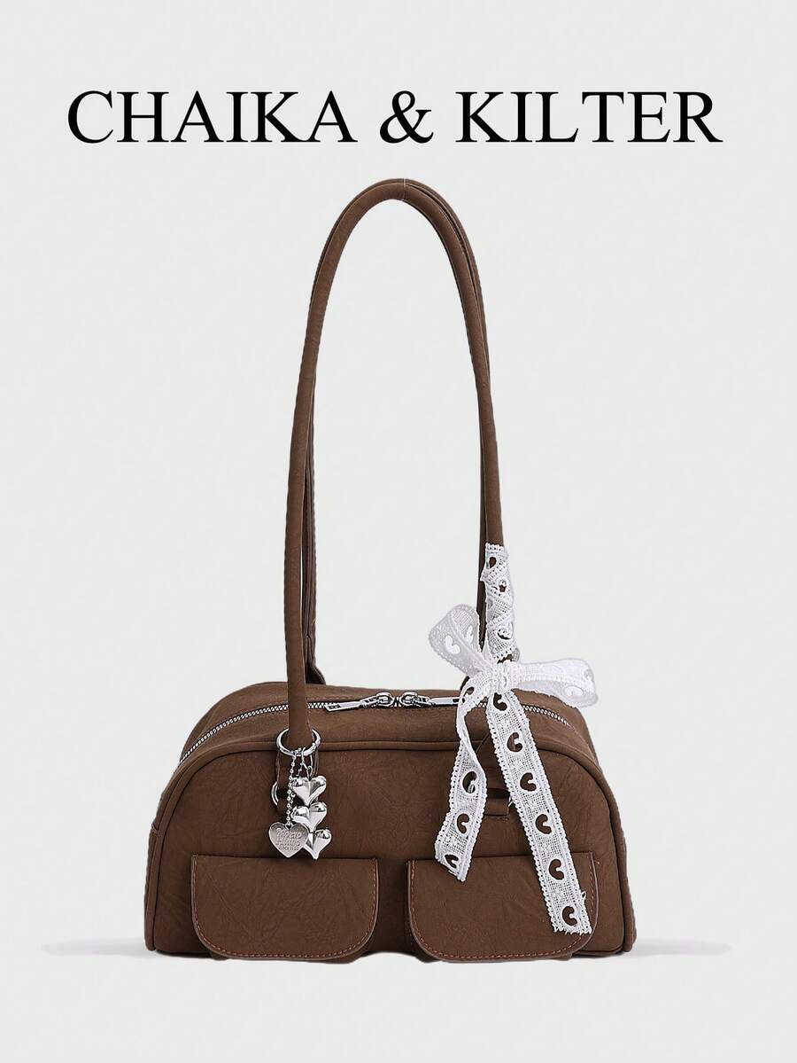 1件 CHAIKA & KILTER 女士纯色PU皮革单肩包，时尚复古多口袋大容量波士顿保龄球包，带拉链封口，适合日常和户外使用（附赠吊坠）