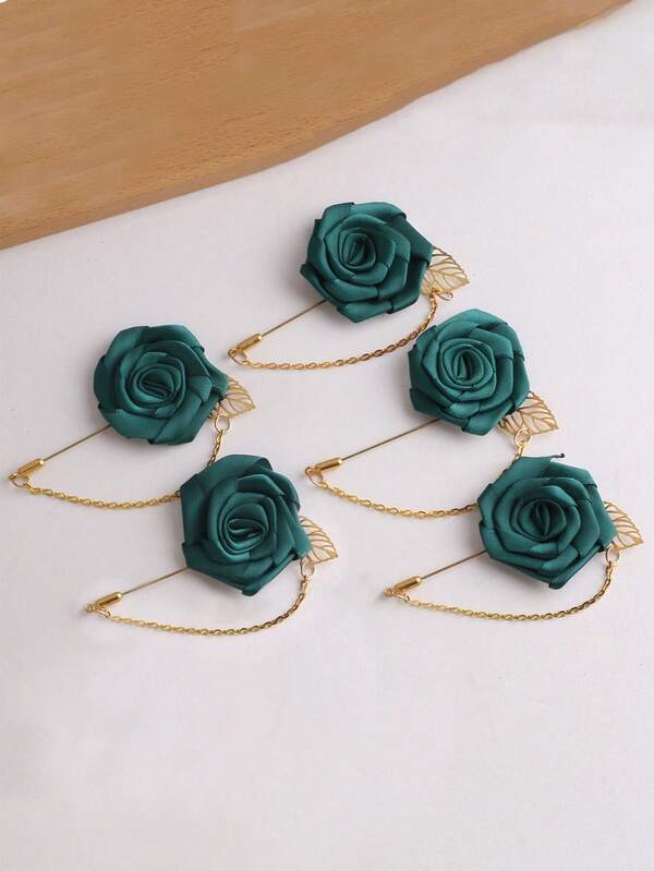 5 piezas Broche de cadena de rosas, estilo coreano para boda, novia, dama de honor, padrino, broche de flor con hojas doradas y rosas verde oscuro