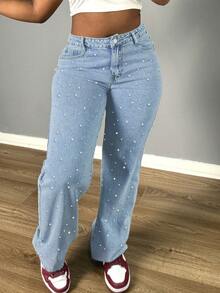 Mid-Rise Wide-Leg Jeans For Women - Jeans With Slanted Pockets And Pearl Decoration, Fashionable And Comfortable Wide-Leg Pants For Parties And Daily Wear - Light Wash - View 5