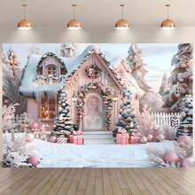 A Winter Wonderland Pink Cottage Backdrop, Perfect For Photography Backgrounds, Party Decorations, Christmas Photo Shoots, And Ideal For Home Garden, Cartoon, And Bedroom Decorations. - Multicolor - View 2
