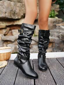 Women's Pleated Buckle Vintage Knight Metal Buckle Casual/Daily Brown/Black Synthetic Leather Tall Boots, Snug Fit On Calves, Stable Walking, Comfortable And Stylish, Suitable For Beach, Party, Daily, Commute, Wedding, Vacation, Outdoor Activities - Black - View 4