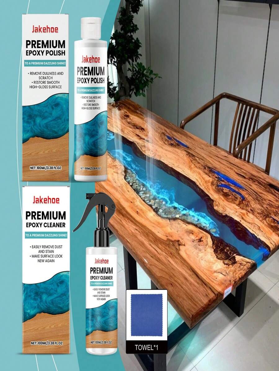 100ml 环氧树脂抛光剂和 100ml 环氧树脂清洁剂（含布），用于表面清洁和去除划痕，无残留液体配方，含小苏打，适用于手工艺和专业项目，香味宜人，适用于多种表面