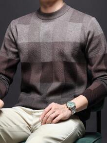 Men's Thick Round Neck Sweater, Business Casual Jacquard Knit Long Sleeve Top, Suitable For Layering Or Outerwear, Plaid & Striped Pattern, Autumn/Winter