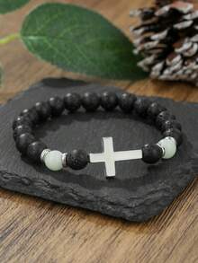 1pc Volcano Stone Night Glow Vintage Bracelet, Multicolor Luminous Cross Beads Jewelry For Boys And Girls