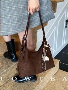 1pc Low Tea Solid Color Suede Fabric Shoulder Bag, Women's Vintage Casual Large Capacity One Shoulder Messenger Bag, Double Handle Design, Zipper Closure, Pleated Design, Magnetic Snap Closure, Suitable For Daily Shopping (Sold With Pendant) - Coffee - View 5