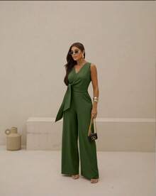 Long Wrap Jumpsuit With V-Neckline - Blush Green - View 1
