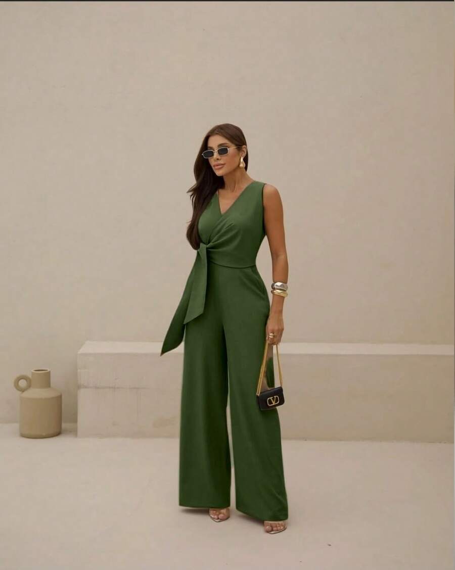 Long Wrap Jumpsuit With V-Neckline - Blush Green - View 1