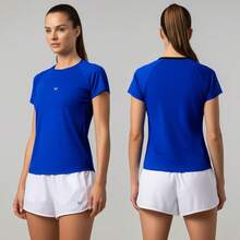 Conjunto de Academia Feminino: Camiseta DRY FIT + SHORT TACTEL Esporte Blusa Treino Perfeito Tecido Premium - Azul e Short Tactel Branco - Visão 3