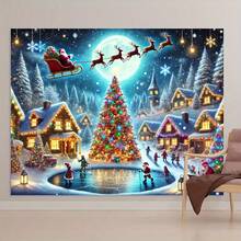2D Charming Christmas Village Photography Backdrop With Santa Claus, Trees And Holiday Decorations - Perfect For Studio Shooting, Christmas Events And Winter Celebrations