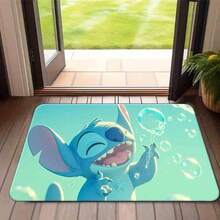 1 pieza Felpudo de entrada con diseño impreso de Disney, Stitch jugando con burbujas - Camiseta con personaje de dibujos animados adorable y divertida, de algodón suave y transpirable, perfecta para verano, playa, uso casual, regalo de cumpleaños o festividad para fans. Fácil de limpiar, absorbente y antideslizante, decorativo para piso, baño o pasillo.