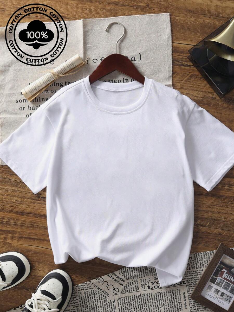Boys' Cotton T-Shirt, Casual Printed Round Neck Short Sleeved T-Shirt, Student School Children's Clothing, Teenage Student Children's Clothing, Prepare Comfortable T-Shirts For Boys - 白色 - 查看 1