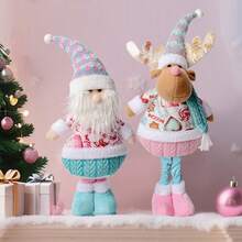 Różowo-niebieskie, dekoracyjne lalki z rozciągliwymi nogami, Święty Mikołaj, renifer, bałwan, dekoracja na imprezę świąteczną