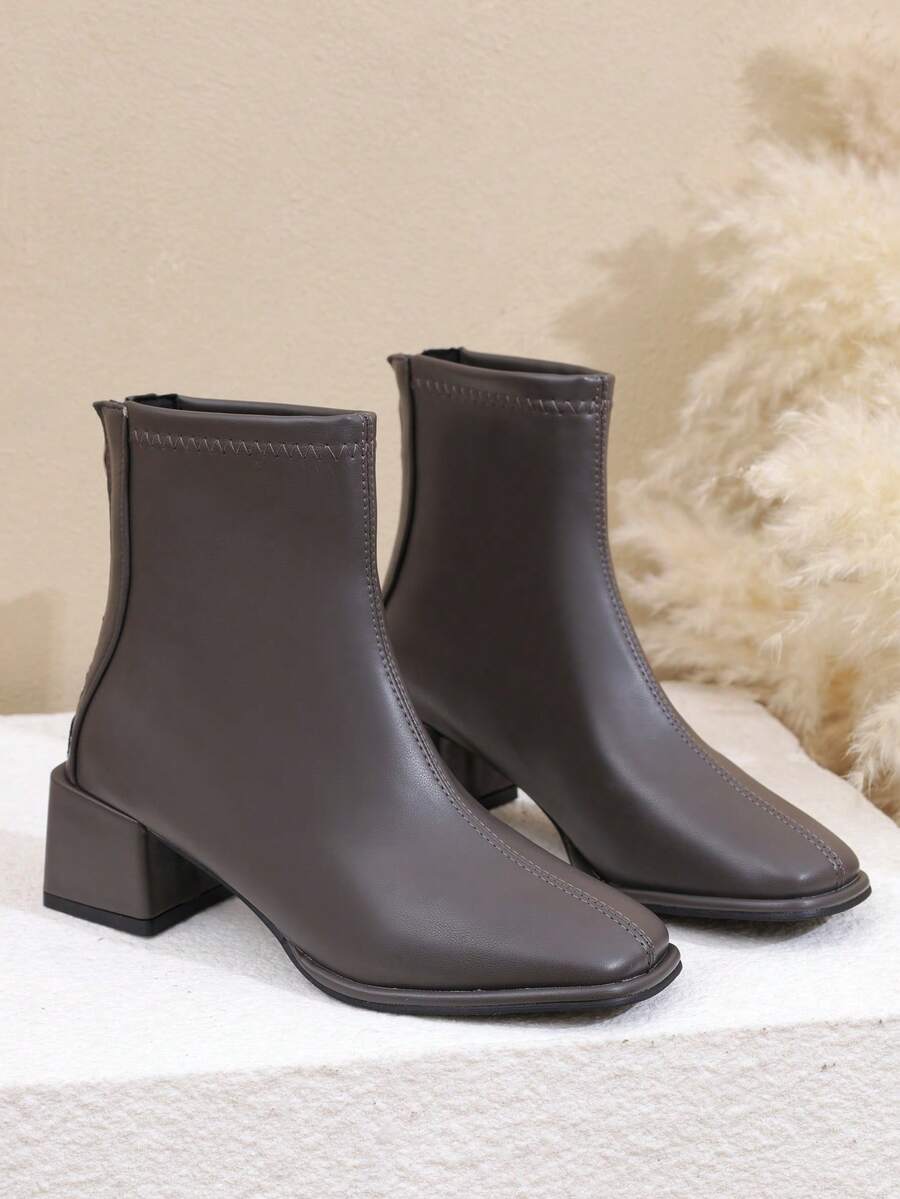 女士短靴，粗跟，高跟，白色细跟踝靴，法式风格 - 大地灰 - 查看 1