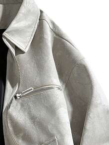 1 件卡其色绒面革羊毛领拉链袖口和胸袋设计男士皮夹克，秋冬 - 卡其色 - 查看 5