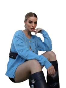 Winter Coat Knitted Cold Weather Blouse Cardigan Style Casual Party Knitwear Women's Clothing - 淺藍色 - 查看 2