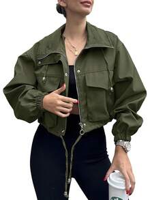 Womens Cropped Zip Up Lightweight Oversized Utility Anorak Coat With Pockets, Style EBU0 - Army Green - View 1