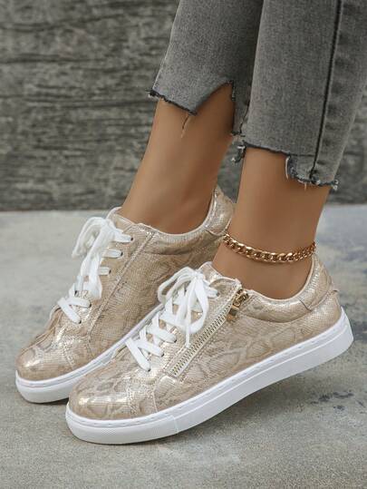 Zapatos casuales con cremallera lateral de piel de serpiente dorada para mujer, zapatillas deportivas clásicas con cordones y plataforma, zapatos deportivos con suela gruesa para aumentar la altura, zapatos de estudiante, zapatos para correr, zapatos de senderismo, zapatos slip-on de skate