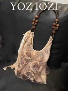 Bolsa de ombro plissada estilo chinês vintage com flor de rosa Batik e axilas, bolsa de ombro grande para passeios diários - Damasco - Ver 4