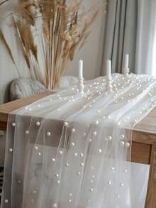 白色珍珠镶嵌薄纱窗帘,配有优雅的珍珠窗帘系带,6.5 英尺 X 10 英尺薄纱面料蕾丝桌旗,优雅的婚礼和派对装饰,纯色白色薄纱窗帘,波西米亚风格乡村桌布,适用于新娘送礼会生日派对婚礼拱门过道面纱甜点桌装饰卧室客厅。 - 彩色 - 查看 6