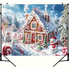 1 Stück 2D flache Lebkuchenhaus Winterwunderland Kulisse - Schneemann, Zuckerstangen, Lebkuchenhaus und verschneite Baumszene, perfekt für Feierlichkeiten, keine Elektrizität nötig, Polyestermaterial, toll für Partys und Fotohintergrund, Weihnachtsdekoration