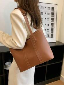 Fashionable & Versatile Simple Stitching Tote Bag - Brown - View 8