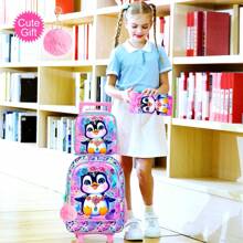 3PCS Penguin Rolling Backpack For Girls, Kids School Backpacks With Wheels, UV Printed Roller Wheeled Bookbag Set With Lunch Box